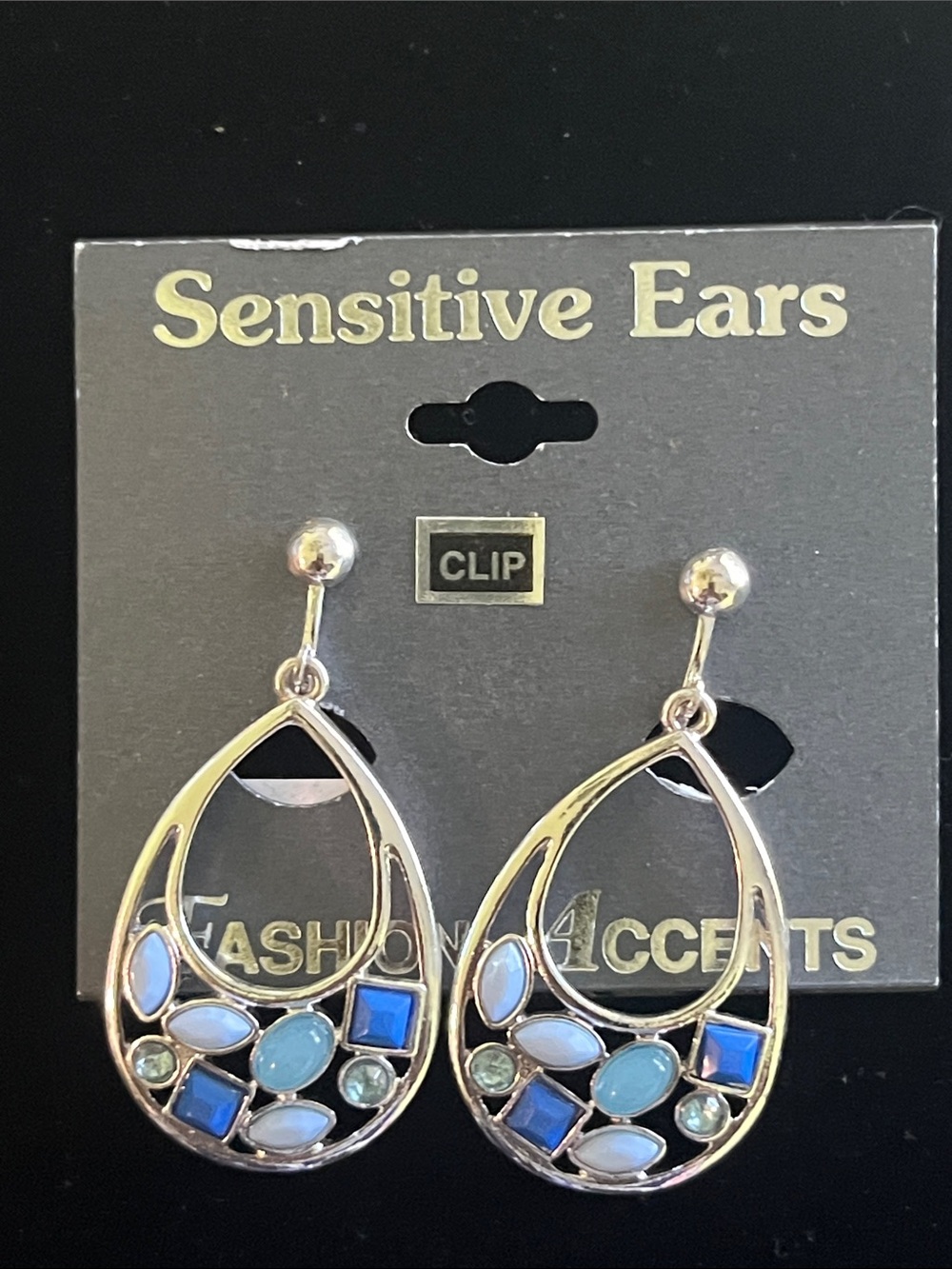 Clip-On Silver Teardrop Earrings with Blue & Aqua Accent Stones